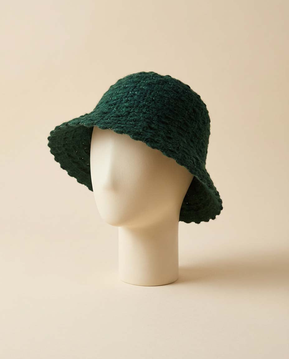 Vintage Forest Green Knit Bucket Hat – 1970s Soft Crochet Cloche Style with Wide Brim