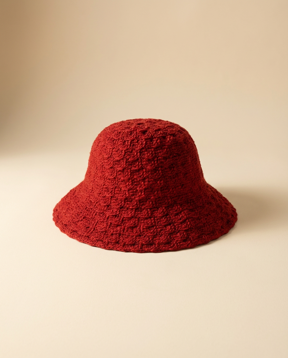 Vintage Dark Red Knit Bucket Hat – 1970s Soft Crochet Cloche Style with Wide Brim