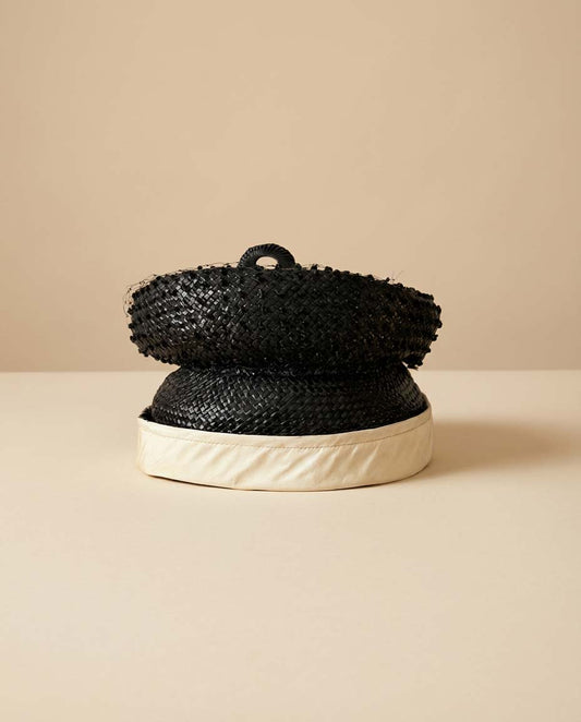 Vintage Erma B by Stephen Anne Black Woven Straw Pillbox Hat with Ivory Band – 1950s Sculptural Hat