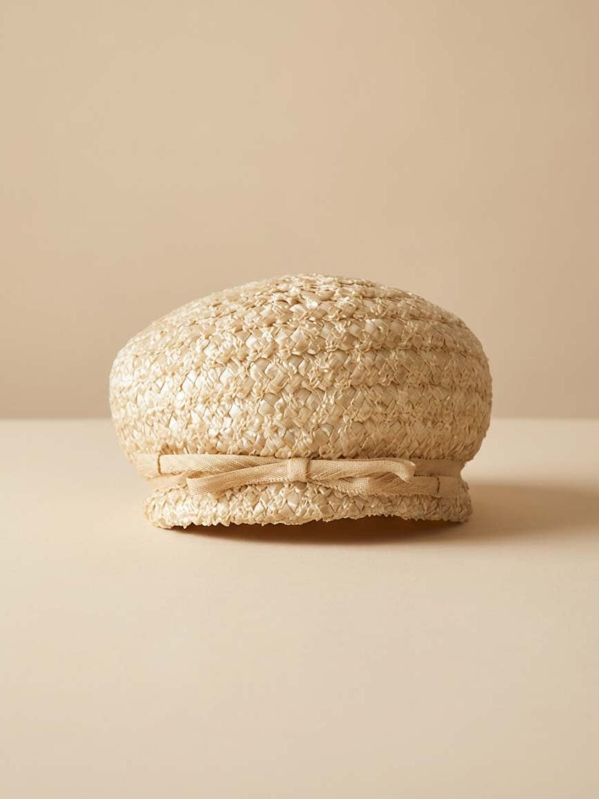 Vintage Lynne Brooke Woven Straw Pillbox Hat – Cream Raffia Textured Cap with Bow Detail