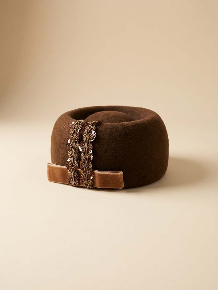 Vintage Brown Velour Pillbox Hat – Sculptural Wool Felt with Velvet Bow & Beaded Trim