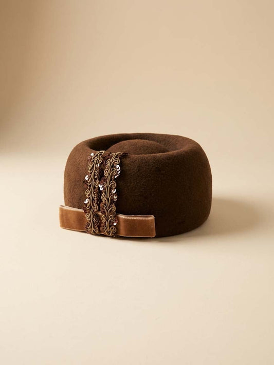 Vintage Brown Velour Pillbox Hat – Sculptural Wool Felt with Velvet Bow & Beaded Trim