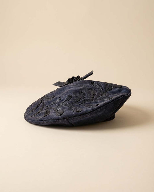 Vintage Oversized Navy Tilt Beret Hat – Sculptural Embroidered Floral Statement Hat