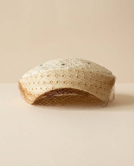 Vintage Cream Embellished Pillbox Hat with Veil – 1950s Ivory Beaded Fascinator with Ribbon Tie