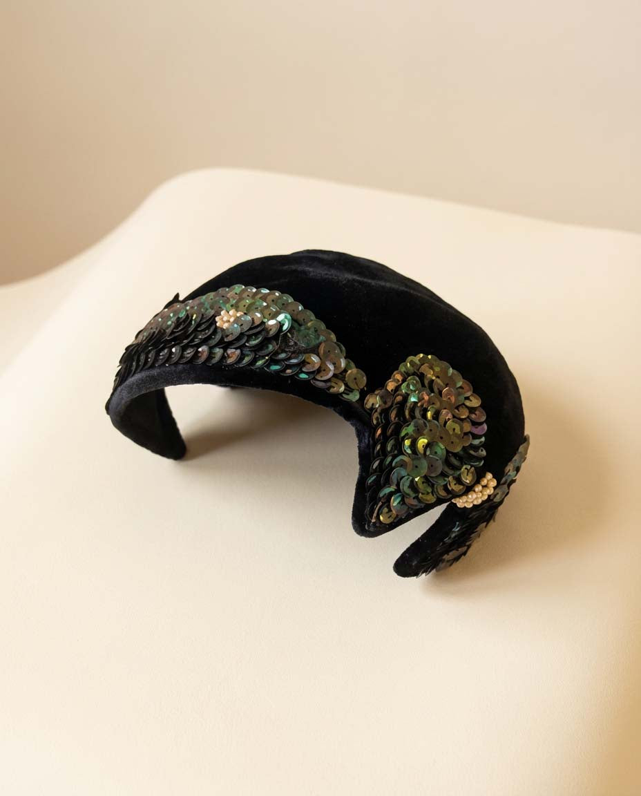 Vintage 1950s Black Velvet Sequin Cocktail Hat – Sculptural Open Crown with Iridescent Beaded Accents – Mid Century Statement Headpiece