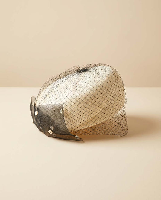 Vintage Anita Pineault Ivory Pillbox Hat with Black Veil – 1950s 1960s Cocktail Hat – Netting Fascinator