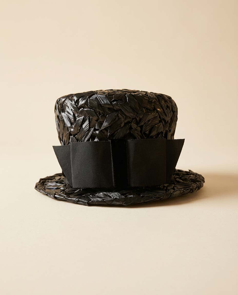 Vintage 1960s Black Straw Boater Top Hat – Woven Raffia Flat Top with Grosgrain Ribbon – Classic Mid Century Structured Summer Hat