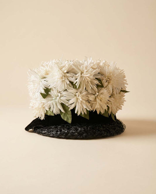 Vintage 1950s HC Prange Co Millinery Floral Bucket Hat – Black Straw with White Chrysanthemum Crown – Garden Party Statement Hat