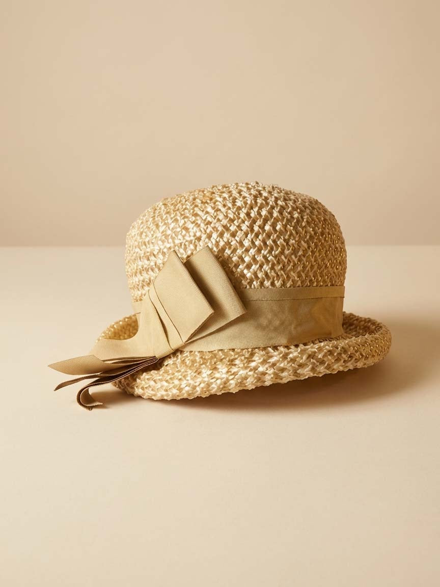 1960s Butter Yello Straw Cloche Hat | Woven Natural Raffia Ribbon Bow Hat | Vintage Summer Hat Garden Party Wedding