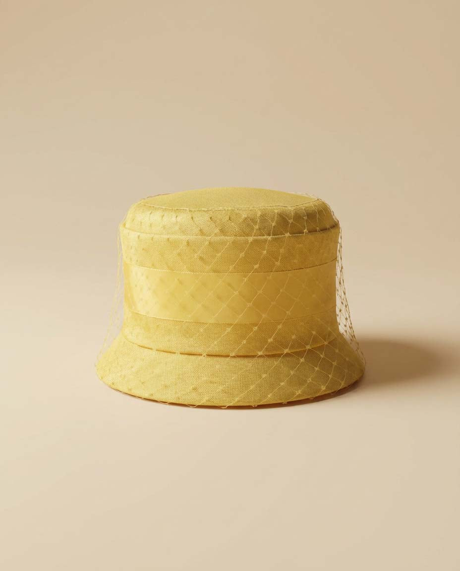 1960s Yellow Straw Bucket Hat Veil Hat Mod Cloche Hat Wedding Guest Hat