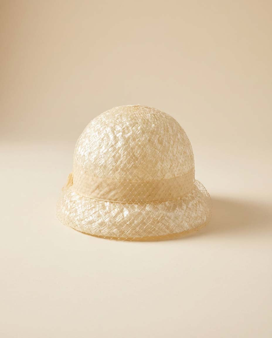 1960s Flo-Denis Straw Cloche Hat Ivory Woven Raffia Veil Bucket Hat Vintage Summer Hat