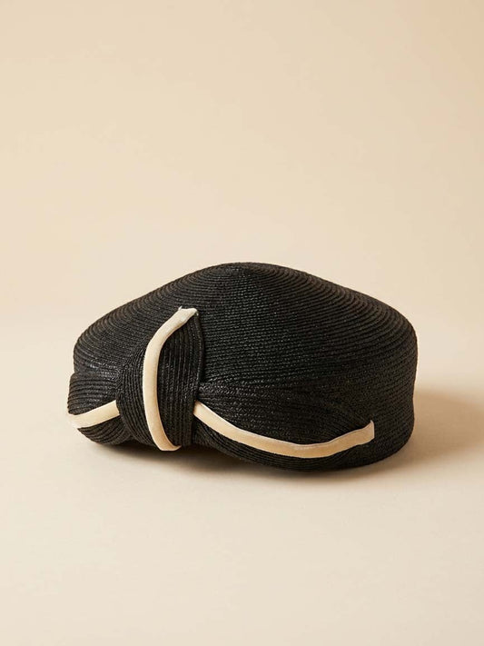 1960s Henry G Ross Black Straw Pillbox Hat Ivory Trim Bow Vintage Designer Hat Chic Minimalist Cocktail Hat