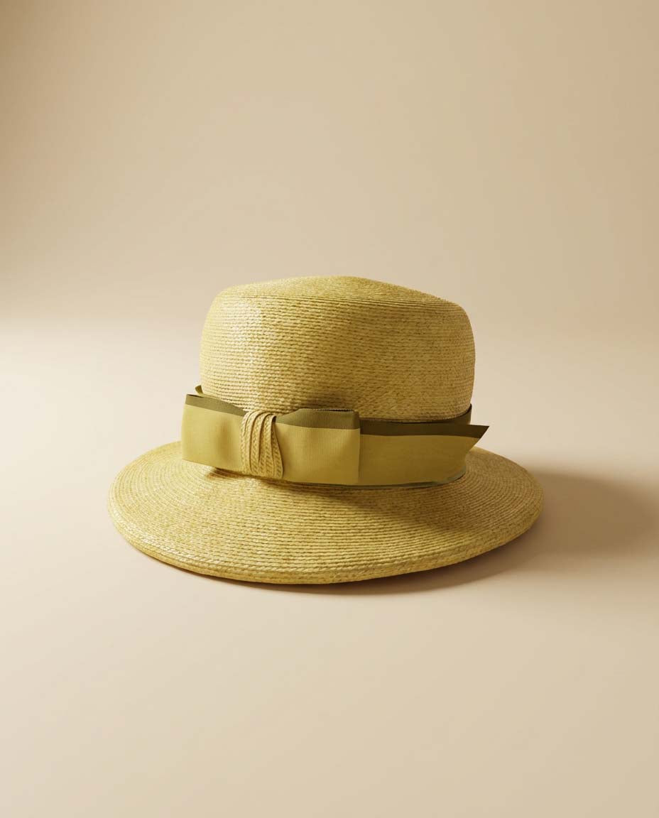 1960s Yellow Straw Boater Hat Wide Brim Ribbon Trim Summer Hat Vintage Structured Straw Hat