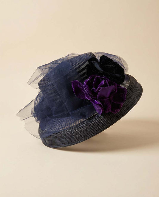Vintage 1950s Navy Wide Brim Hat Tulle Veil Velvet Floral Cocktail Hat Dramatic Mid Century