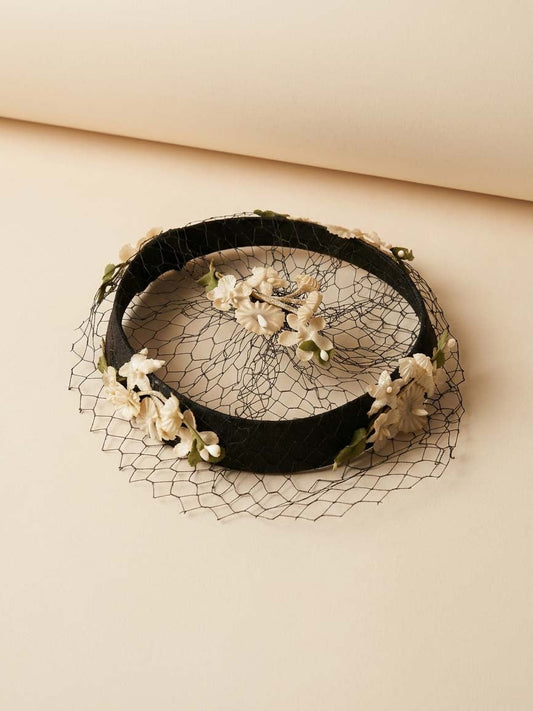 1950s Black and Ivory Floral Veiled Halo Hat |Vintage Cocktail Hat Wedding Mourning Garden Party