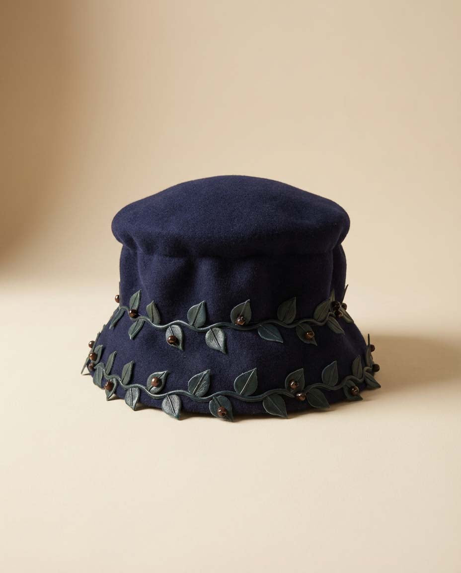 Vintage 1960s Navy Wool Cloche Hat Avril Modes Leaf Trim Mod Hat Sculpted Brim Elegant Fall Hat