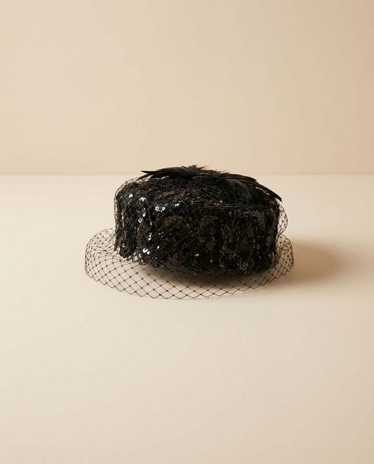 Vintage 1950s Black Sequin Veil Hat Cocktail Fascinator Netting Bow