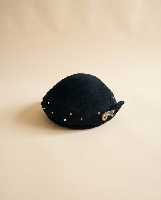 Vintage 1950s Black Felt Pillbox Hat Rhinestone Studded Cocktail Hat Sculptural Mid Century Millinery Evening Hat