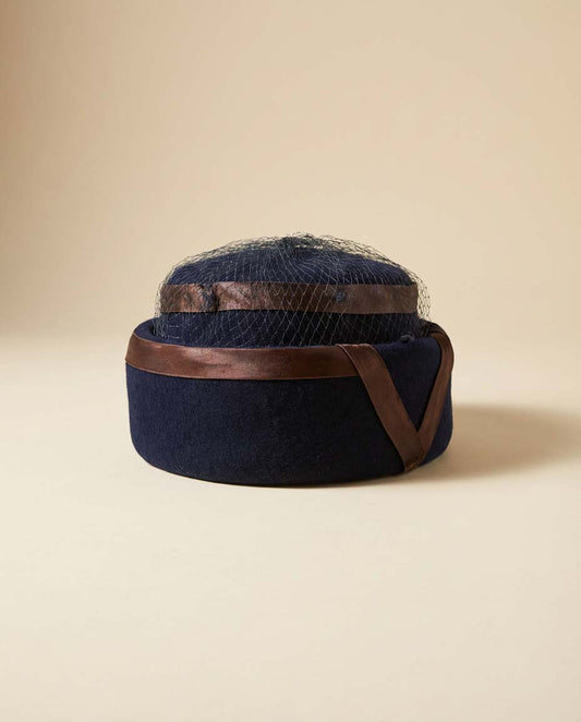 Vintage 1950s Navy Blue Felt Pillbox Hat Brown Ribbon Veil Cocktail Hat