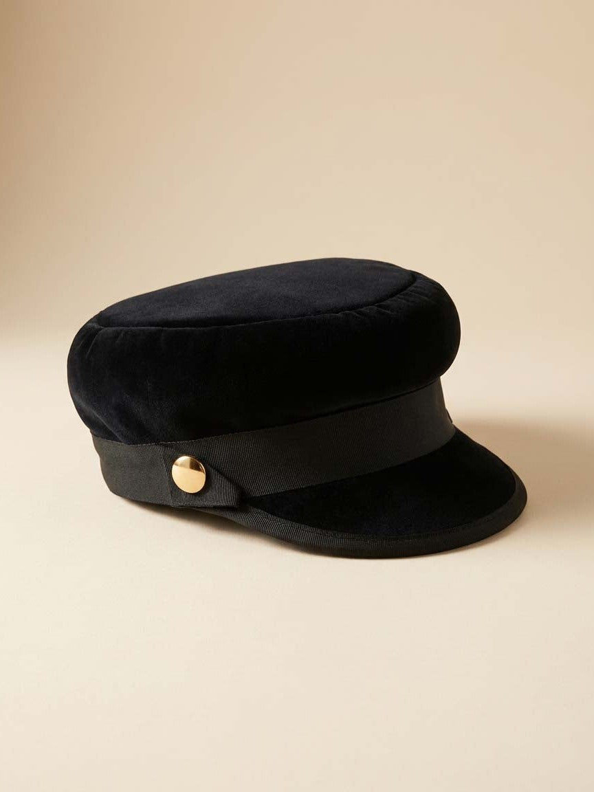 Vintage 1960s Black Velvet Newsboy Hat Military Cap Mod Gold Button Baker Boy Hat Structured Mid Century Cap