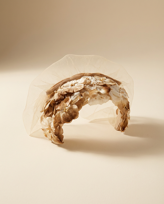 1950s Floral Veil Fascinator Hat Peach Taupe Brown Satin Bow Netting Wedding Cocktail Hat
