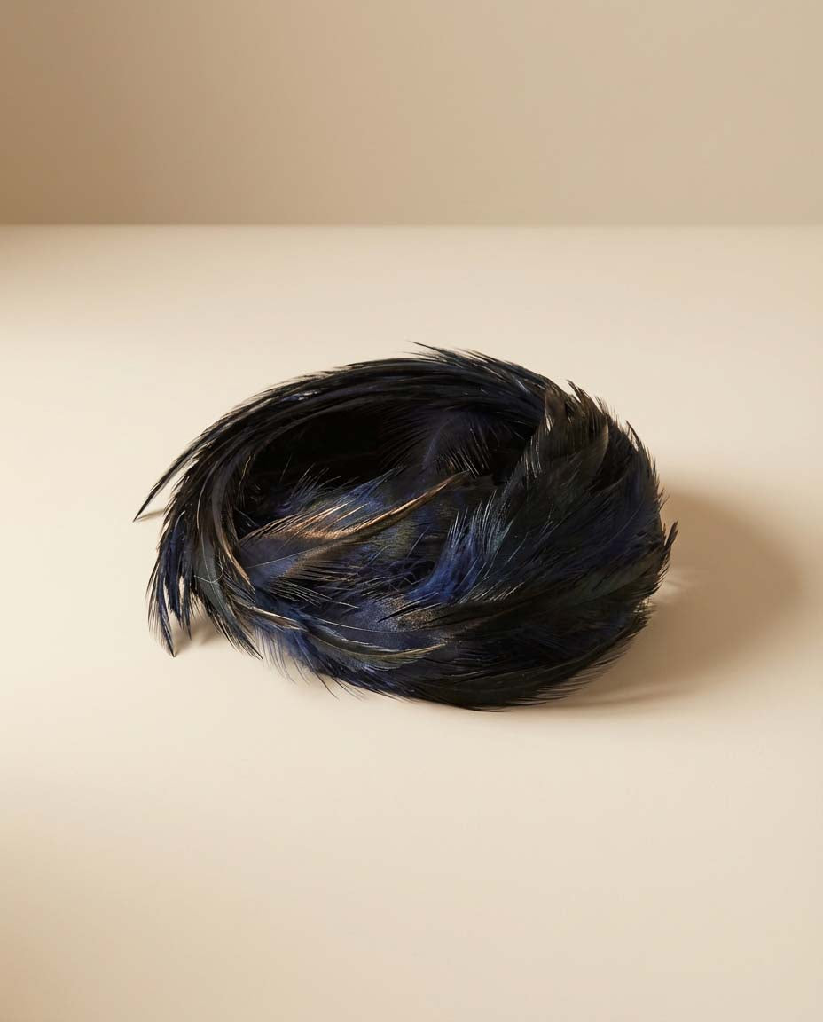 Vintage 1950s Navy Blue & Black Feather Fascinator Halo Headpiece Sculptural Feather Headband Updo Bun Cover