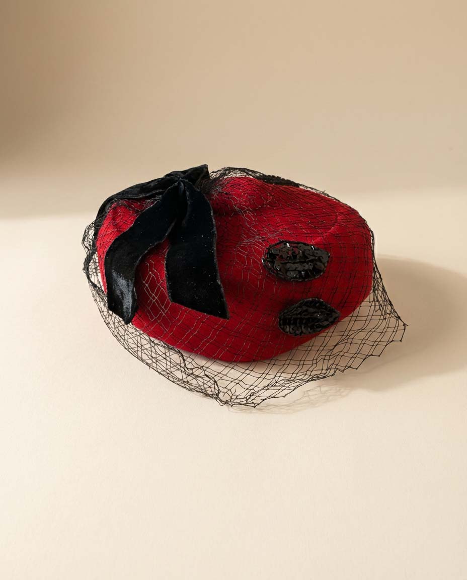 Vintage 1950s Red Velvet Pillbox Hat Black Veil Bow Cocktail Hat Sequined Detail Mid Century Glam Millinery