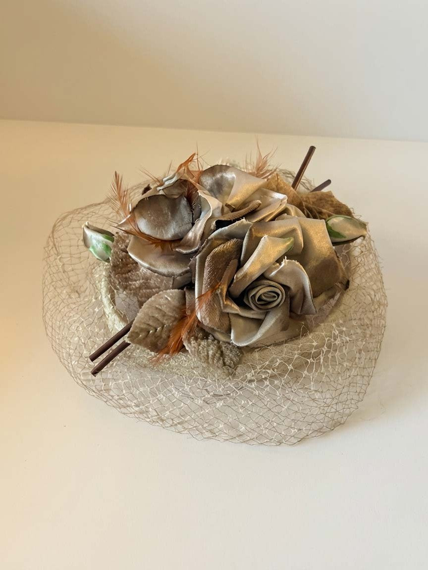 Vintage 1950s Champagne Floral Fascinator Veil Hat Satin Rose Cocktail Headpiece Feather Netting Romantic Millinery