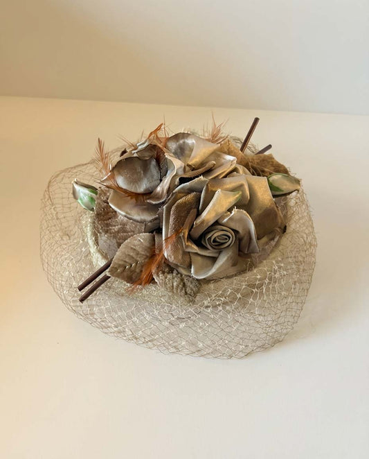 Vintage 1950s Champagne Floral Fascinator Veil Hat Satin Rose Cocktail Headpiece Feather Netting Romantic Millinery