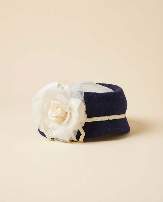 Vintage 1950s Navy Blue & Ivory Pillbox Hat Silk Rose Cocktail Hat Mid Century Structured Millinery Elegant Evening Hat
