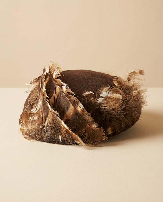 Vintage 1940s Brown Feather Cocktail Hat Tilt Hat Fur Felt Fascinator Mid Century Millinery Statement Headpiece