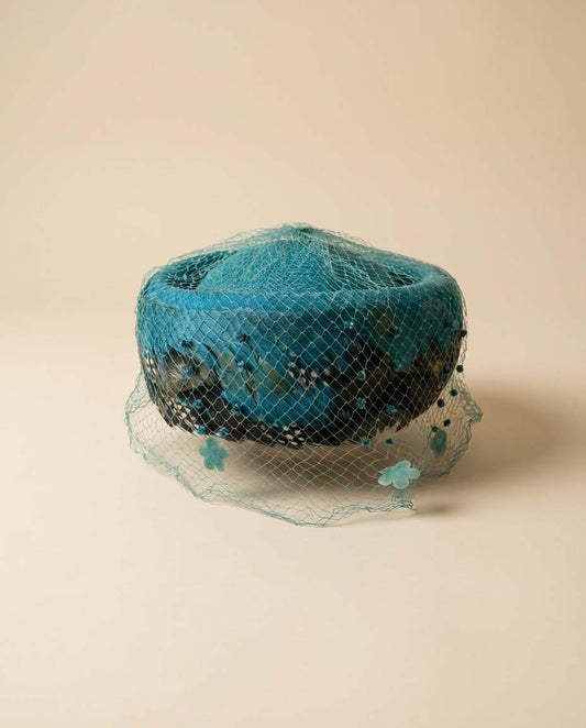 1950s Turquoise Feather Veiled Halo Hat - Hat and Veil 2pc -  Something Blue Vintage Bridal Headpiece