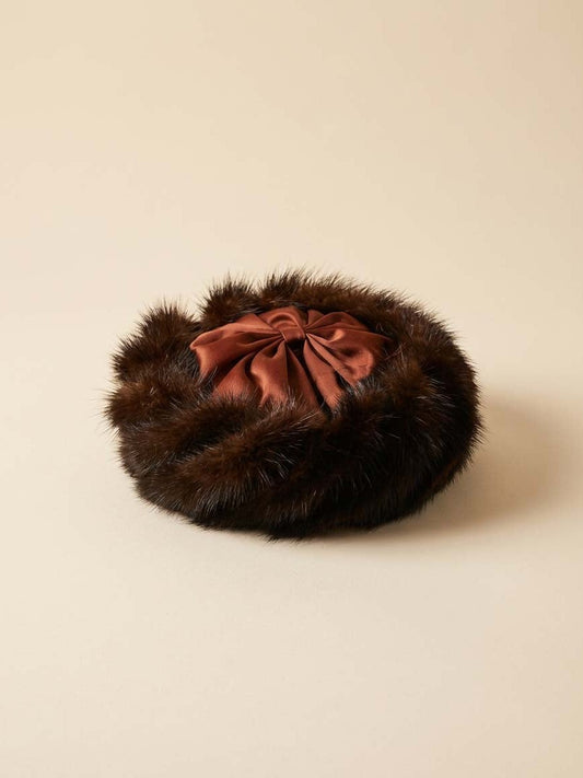 Vintage 1950s Mink Fur Hat Brown Fur Pillbox Hat Satin Bow Winter Hat Mid Century Luxury Millinery Statement Piece