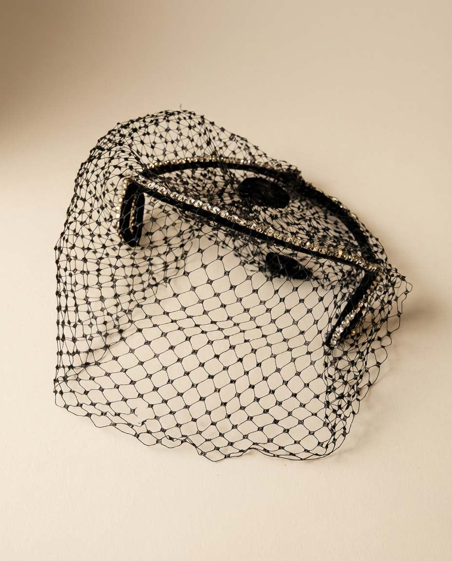 Vintage 1950s Black Veil Halo Rhinestone Trim Cocktail Hat Sculptural Cage Headpiece Mid Century Evening Bridal