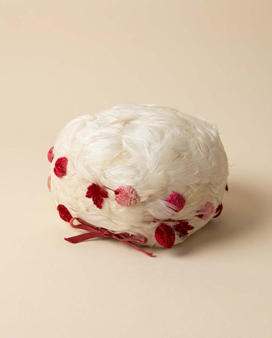 1950s Coralie White Feather Cap Hat with Pink Red Floral Trim Romantic Vintage Cocktail Hat Bridal Valentine Millinery
