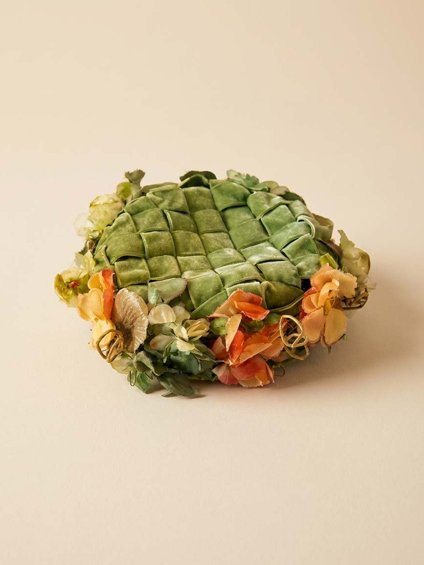 1950s Green Woven Velvet Floral Hat Garden Party Vintage Millinery Sculptural Spring Hat