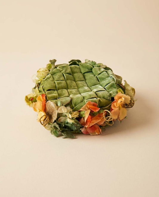 1950s Green Woven Velvet Floral Hat Garden Party Vintage Millinery Sculptural Spring Hat