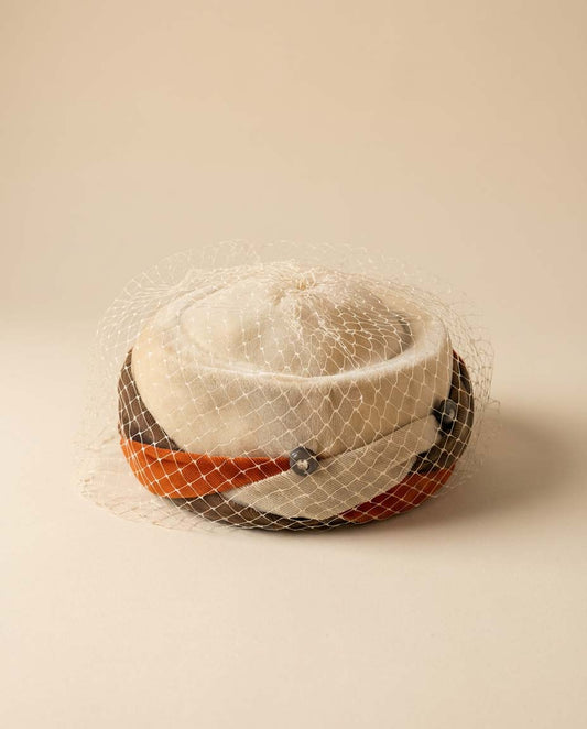 Vintage 1950s Cream Veil Pillbox Hat Rust Brown Trim Velvet Detail Cocktail Hat Mid Century Millinery