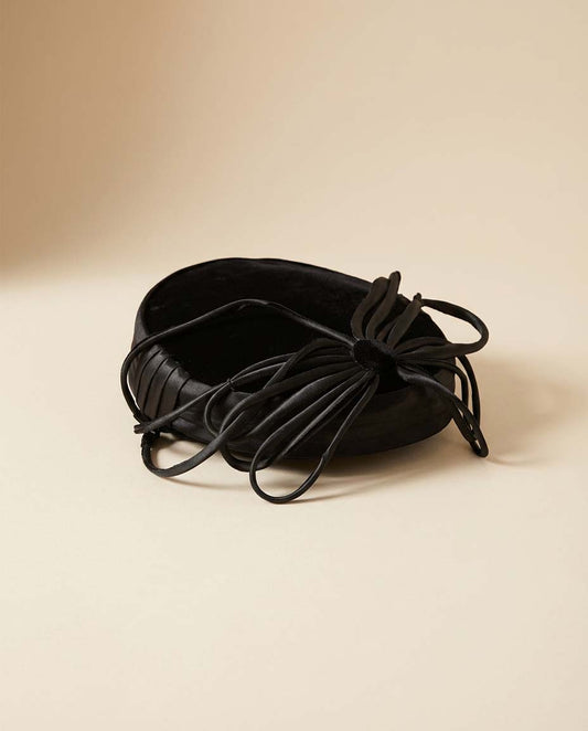 Vintage 1950s–1960s Black Satin Cocktail Hat Sculptural Bow Fascinator Minimalist Mid Century Evening Headpiec