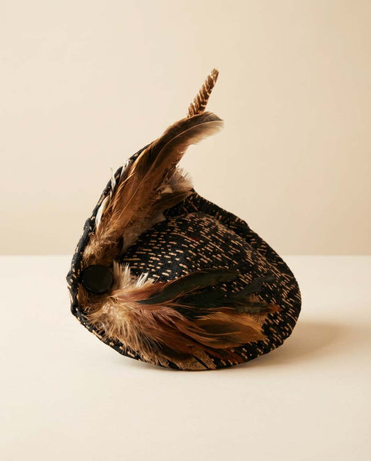 Vintage 1940s Black Speckled Tilt Hat Feather Fascinator Cocktail Hat Sculptural Mid Century Millinery Statement Headpiece