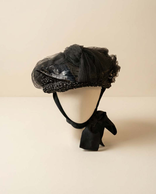 Vintage 1950s Black Veiled Chin Tiel Hat Net Tulle Hat La Salle Hat Structured Brim Satin Ribbon Tie Mid Century Evening Hat