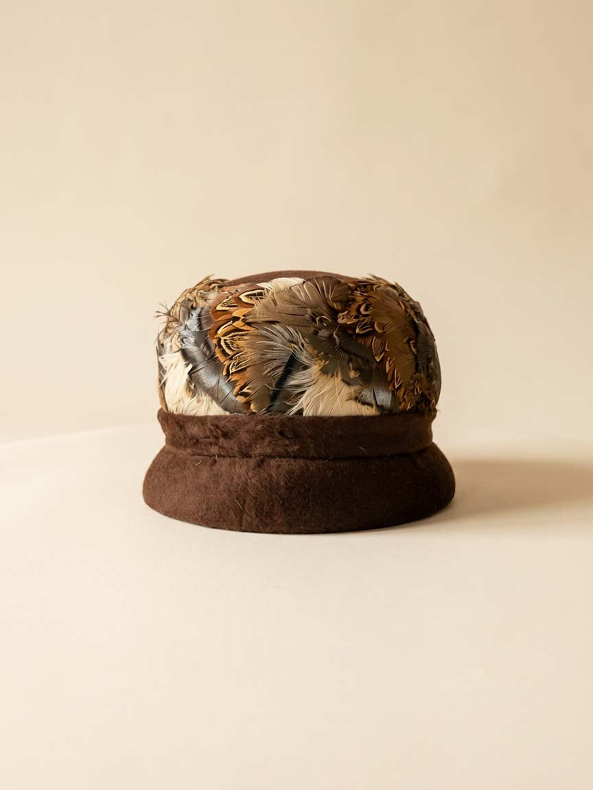 Vintage 1920s–1930s Inspired Cloche Hat Feather Crown Brown Felt Brim Art Deco Style Winter Millinery Statement Ha