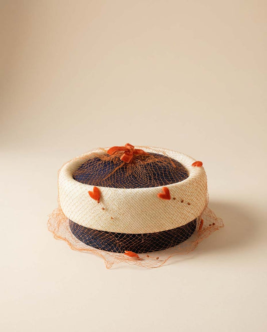 1950s Ivory & Navy Straw Pillbox Hat and Orange Heart Veil Cocktail Hat – Playful Mid-Century Statement