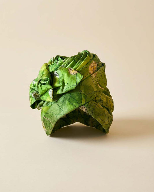 1950s Oval Room Ohrbach’s Green Silk Turban Hat – Draped Botanical Print Vintage Statement Hat