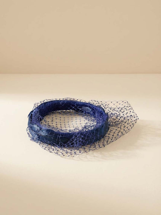 Vintage 1950s Blue Feather Halo Hat Veil Headpiece Sheer Net Fascinator Minimalist Cocktail Hat Mid Century Millinery