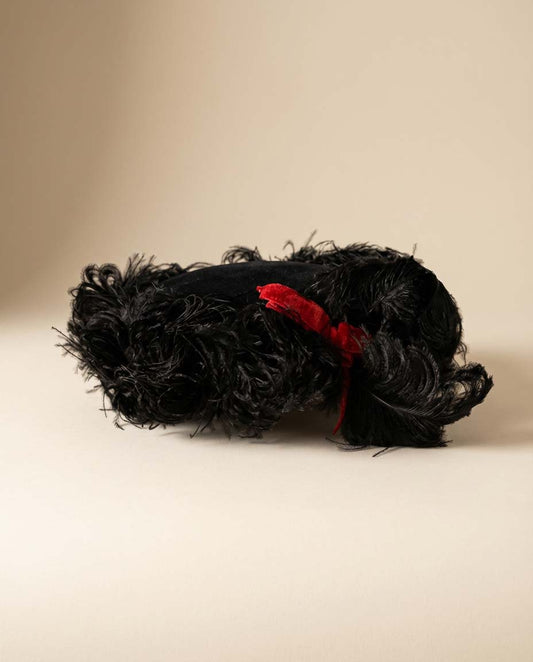 Vintage 1940s Innes Wichita Black Feather Trim Boater Hat – Sculptural Plume Boater with Red Velvet Accent Old Hollywood Millinery