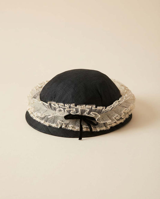 Vintage 1950s Black Silk Hat – White Lace Trim Tilt Hat with Velvet Bow Feminine Mid Century Summer Millinery
