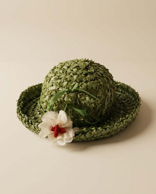 1950s Vintage Innes Wichita Green Raffia Straw Hat – Wide Brim Garden Hat with Floral Accent