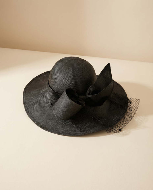 1950s Jack McConnell Black Straw Hat – Wide Brim Veiled Cocktail Hat