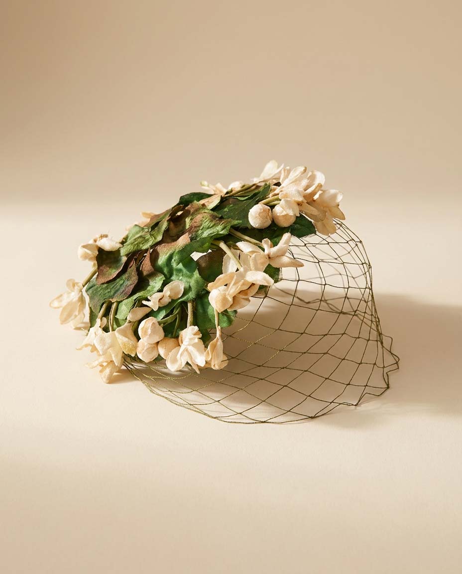 1950s Vintage Mr. Milton Floral Veiled Hat – Cream Blossom & Green Leaf Halo – Chicago Millinery